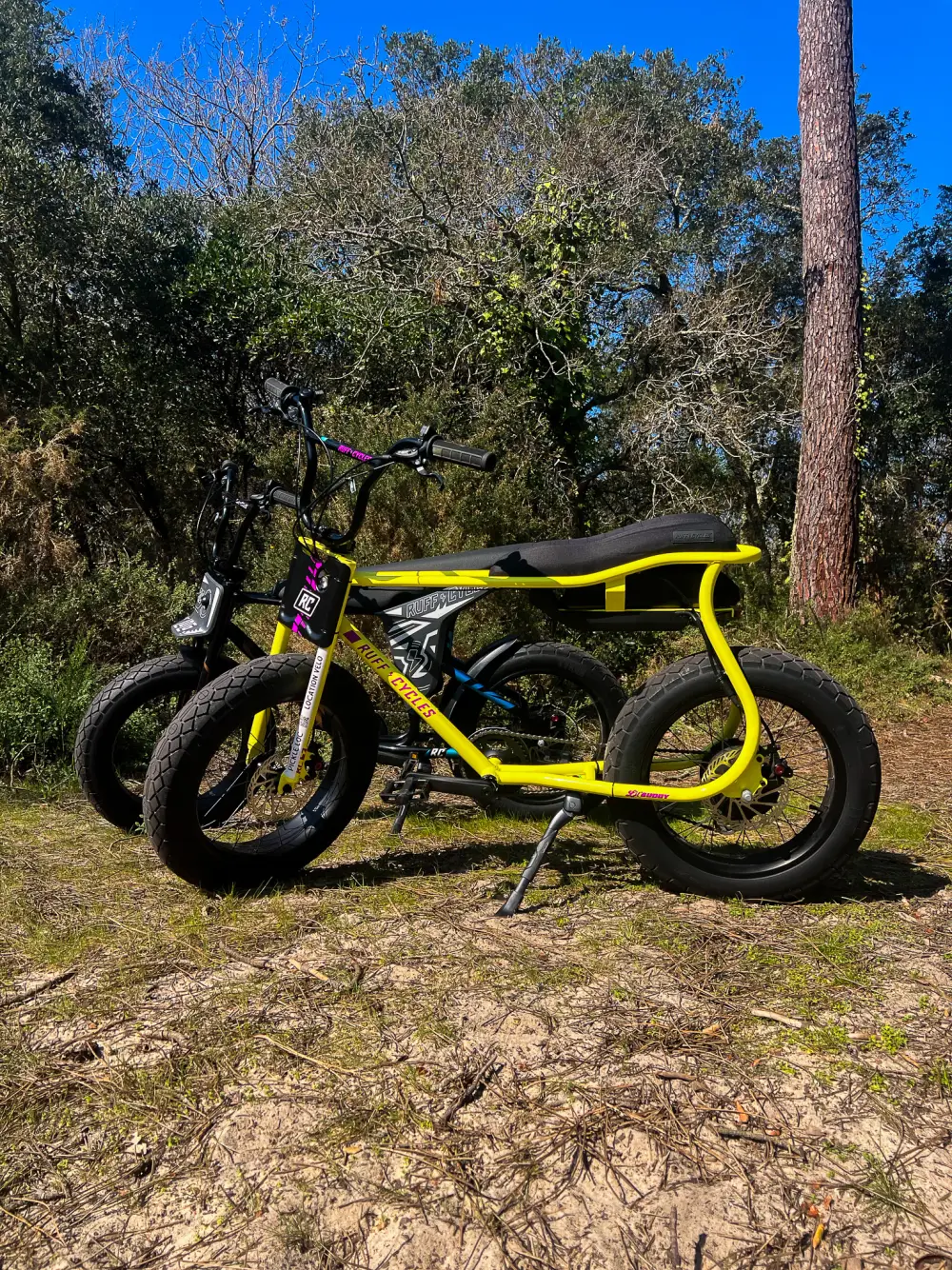 Vélos électriques Ruff Cycles Lil Loco jaune et noir dans la forêt de Capbreton