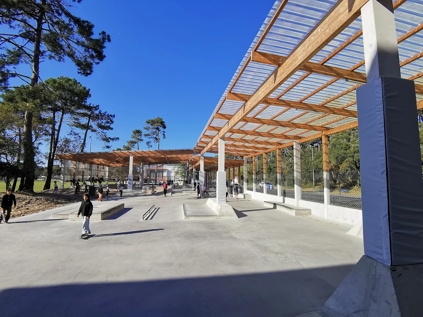 Perspective de la zone street du skatepark de Capbreton avec pins maritimes